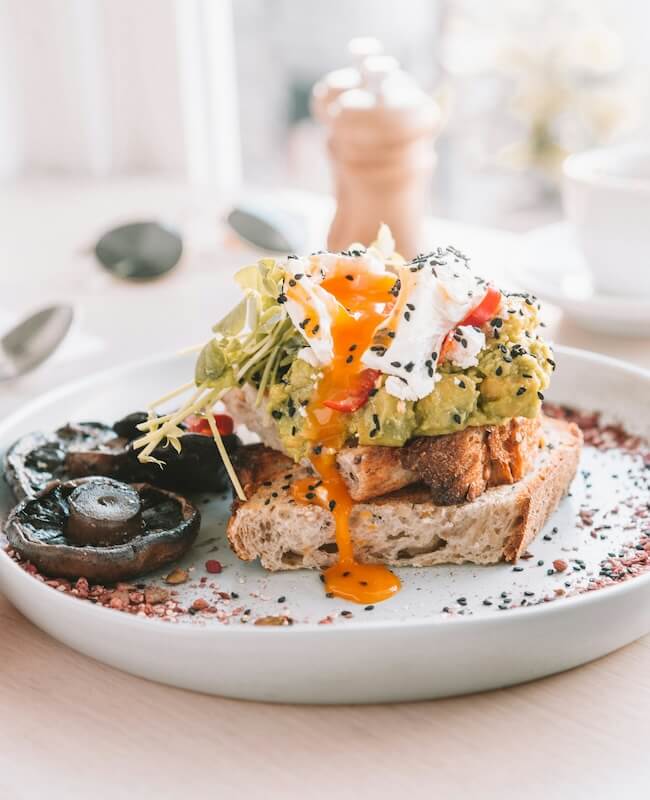 Bread with grilled chicken, avocado and egg.