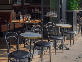 Exterior view of the café. Terrace seating